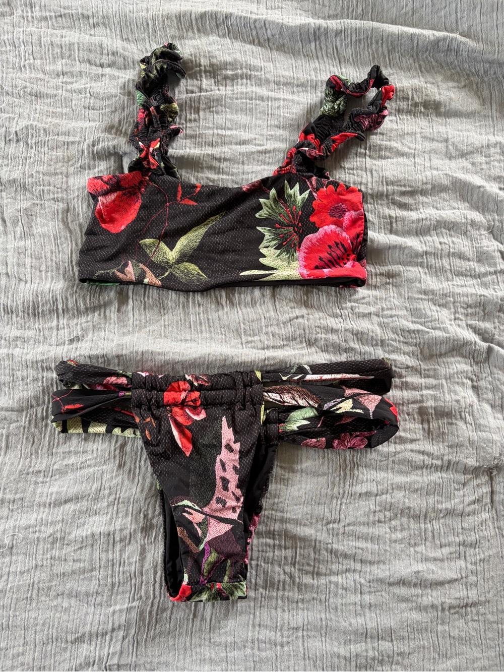 Floral Ruffle Strap Black & Red Bikini Set
